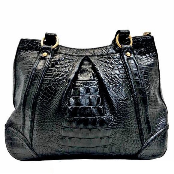 BRAHMIN Black Selma Croc Embossed Leather Pleated Shoulder Tote Bag Top Zipper - Picture 4 of 17